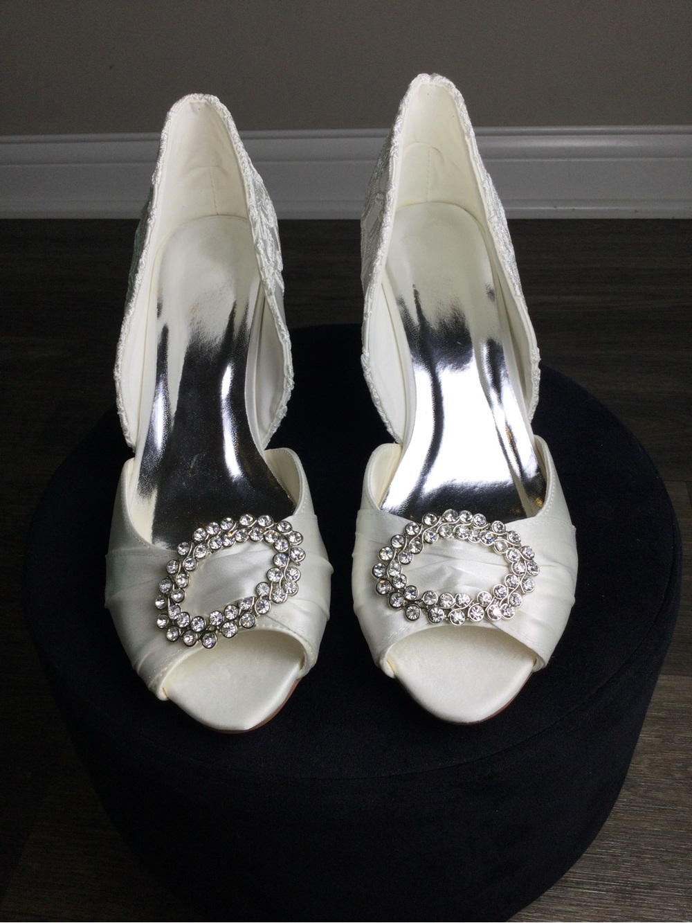 Ivory Satin Open-Toe Bridal Heels with Crystal Oval Accent